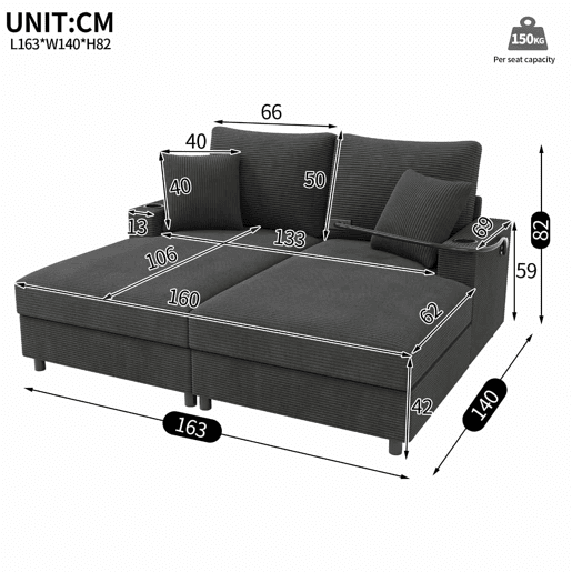 Sofá-cama XXL - Função de cama, superfície almofadada, suporte para telemóvel, USB e porta-copos - Cinza