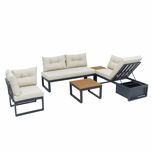 Conjunto de móveis de jardim para 3 pessoas - Reclinável em 3 posições, almofadas grossas, arrumação, poliéster resistente à água - Bege Conjunto de móveis de jardim para 3 pessoas - Reclinável em 3 posições, almofadas grossas, arrumação, poliéster resistente à água - Bege