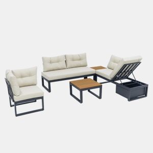 Conjunto de móveis de jardim para 3 pessoas - Reclinável em 3 posições, almofadas grossas, arrumação, poliéster resistente à água - Bege