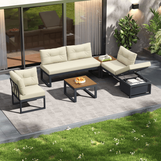 Conjunto de móveis de jardim para 3 pessoas - Reclinável em 3 posições, almofadas grossas, arrumação, poliéster resistente à água - Bege Conjunto de móveis de jardim para 3 pessoas - Reclinável em 3 posições, almofadas grossas, arrumação, poliéster resistente à água - Bege