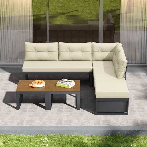 Conjunto de móveis de jardim para 3 pessoas - Reclinável em 3 posições, almofadas grossas, arrumação, poliéster resistente à água - Bege Conjunto de móveis de jardim para 3 pessoas - Reclinável em 3 posições, almofadas grossas, arrumação, poliéster resistente à água - Bege