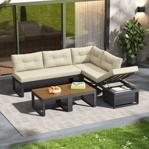 Conjunto de móveis de jardim para 3 pessoas - Reclinável em 3 posições, almofadas grossas, arrumação, poliéster resistente à água - Bege Conjunto de móveis de jardim para 3 pessoas - Reclinável em 3 posições, almofadas grossas, arrumação, poliéster resistente à água - Bege