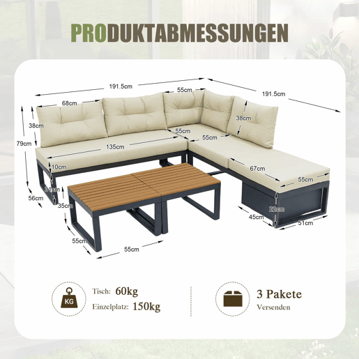 Conjunto de móveis de jardim para 3 pessoas - Reclinável em 3 posições, almofadas grossas, arrumação, poliéster resistente à água - Bege Conjunto de móveis de jardim para 3 pessoas - Reclinável em 3 posições, almofadas grossas, arrumação, poliéster resistente à água - Bege