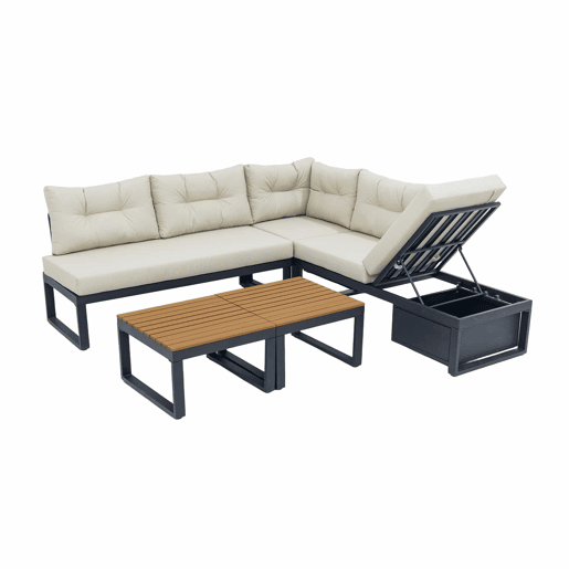 Conjunto de móveis de jardim para 3 pessoas - Reclinável em 3 posições, almofadas grossas, arrumação, poliéster resistente à água - Bege Conjunto de móveis de jardim para 3 pessoas - Reclinável em 3 posições, almofadas grossas, arrumação, poliéster resistente à água - Bege