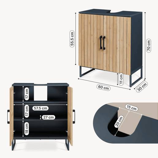 Móvel de lavatório Svanes com 3 compartimentos internos 70x60x30 cm Cinza escuroNatural en.casa Móvel de lavatório Svanes com 3 compartimentos internos 70x60x30 cm Cinza escuroNatural en.casa