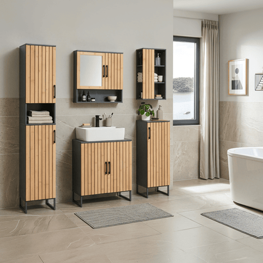 Armário de casa de banho Svanes com 1 porta 90x30x30 cm Cinzento escuroNatural en.casa