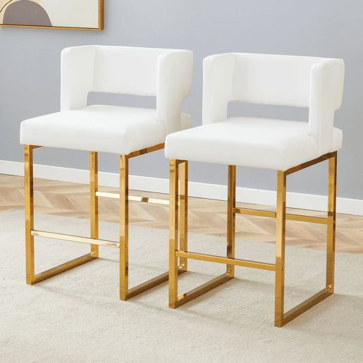 Bancos de bar 2 unidades - estilo nórdico, design quadrado, pernas metálicas douradas - Branco+Dourado Bancos de bar 2 unidades - estilo nórdico, design quadrado, pernas metálicas douradas - Branco+Dourado