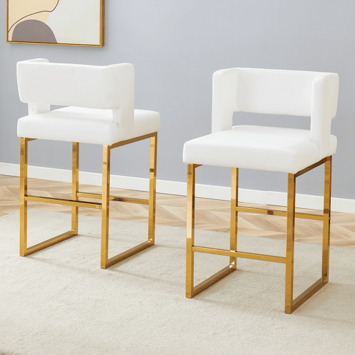 Bancos de bar 2 unidades - estilo nórdico, design quadrado, pernas metálicas douradas - Branco+Dourado Bancos de bar 2 unidades - estilo nórdico, design quadrado, pernas metálicas douradas - Branco+Dourado