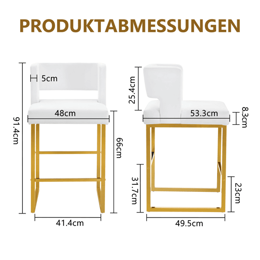 Bancos de bar 2 unidades - estilo nórdico, design quadrado, pernas metálicas douradas - Branco+Dourado Bancos de bar 2 unidades - estilo nórdico, design quadrado, pernas metálicas douradas - Branco+Dourado