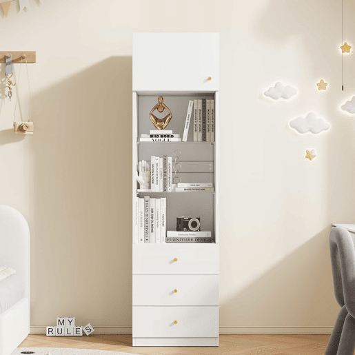 Armário alto com vitrina e estante de 50×40×180 cm - espaço aberto, gavetas, prateleiras de vidro com altura ajustável - branco
