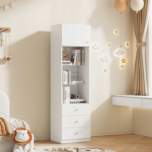 Armário alto com vitrina e estante de 50×40×180 cm - espaço aberto, gavetas, prateleiras de vidro com altura ajustável - branco