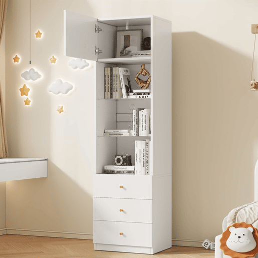Armário alto com vitrina e estante de 50×40×180 cm - espaço aberto, gavetas, prateleiras de vidro com altura ajustável - branco