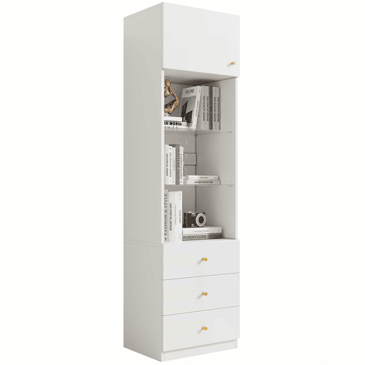 Armário alto com vitrina e estante de 50×40×180 cm - espaço aberto, gavetas, prateleiras de vidro com altura ajustável - branco