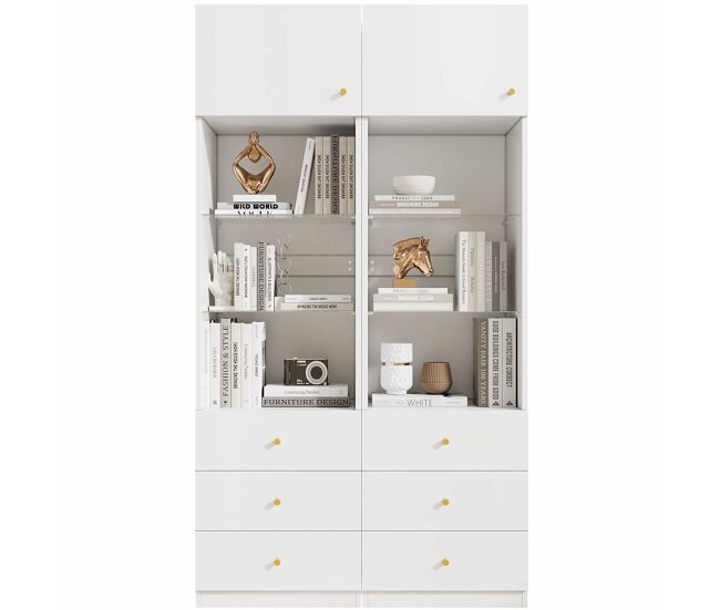 Vitrina armario alto estantería de almacenamiento 100×40×180 cm - espacio abierto, cajones, estantes de vidrio ajustables, set de 2 - blanco