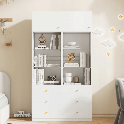 Armário alto com prateleiras de arrumação 100×40×180 cm - espaço aberto, gavetas, prateleiras de vidro ajustáveis, conjunto de 2 - branco