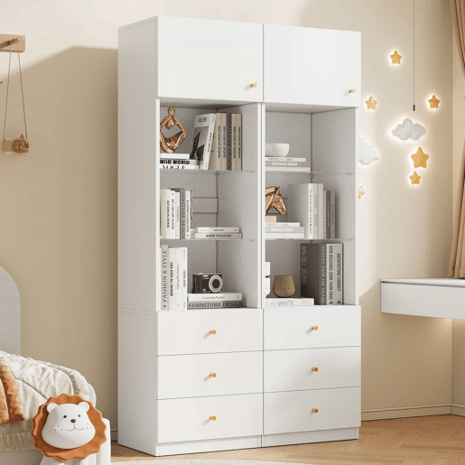 Armário alto com prateleiras de arrumação 100×40×180 cm - espaço aberto, gavetas, prateleiras de vidro ajustáveis, conjunto de 2 - branco
