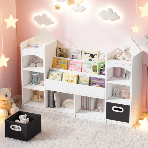 Estante infantil para livros e brinquedos 130x30x90 cm - estante infantil com várias prateleiras, armário organizador para quarto infantil, com 2 caixas de arrumação dobráveis, para guardar livros e brinquedos - branco