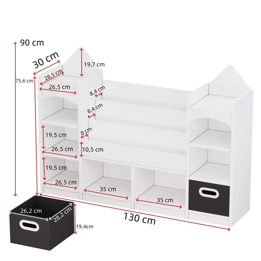 Estante infantil para livros e brinquedos 130x30x90 cm - estante infantil com várias prateleiras, armário organizador para quarto infantil, com 2 caixas de arrumação dobráveis, para guardar livros e brinquedos - branco
