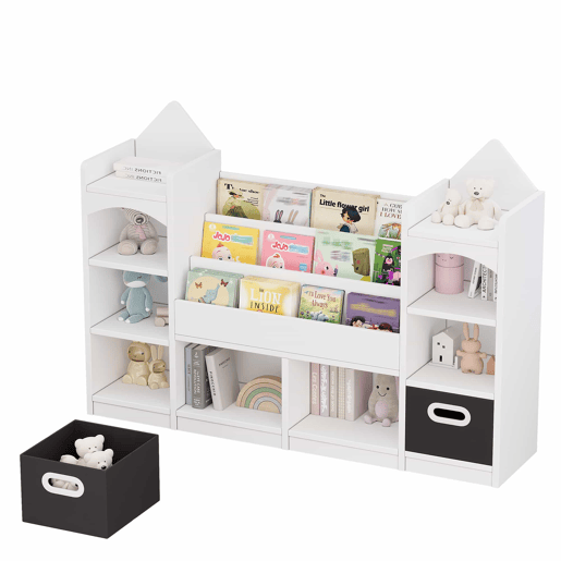 Estante infantil para livros e brinquedos 130x30x90 cm - estante infantil com várias prateleiras, armário organizador para quarto infantil, com 2 caixas de arrumação dobráveis, para guardar livros e brinquedos - branco