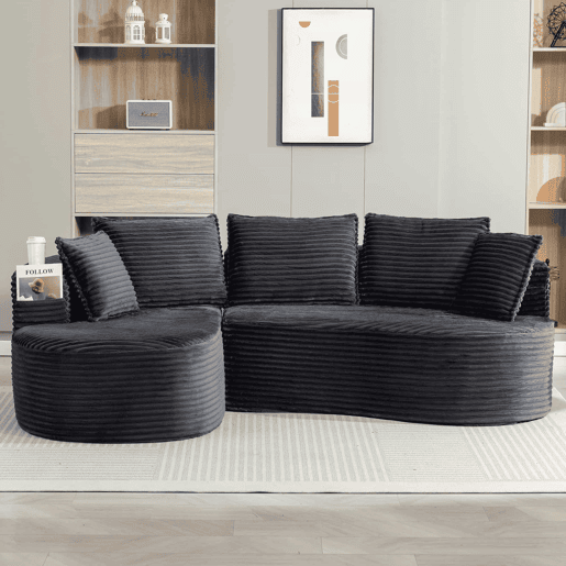 Sofá Curvo de 3 lugares em veludo - Com porta-copos, bolso lateral, almofadas incluídas e espuma de alta densidade para o máximo conforto - Cinza escuro Sofá Curvo de 3 lugares em veludo - Com porta-copos, bolso lateral, almofadas incluídas e espuma de alta densidade para o máximo conforto - Cinza escuro