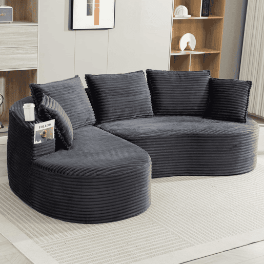 Sofá Curvo de 3 lugares em veludo - Com porta-copos, bolso lateral, almofadas incluídas e espuma de alta densidade para o máximo conforto - Cinza escuro Sofá Curvo de 3 lugares em veludo - Com porta-copos, bolso lateral, almofadas incluídas e espuma de alta densidade para o máximo conforto - Cinza escuro