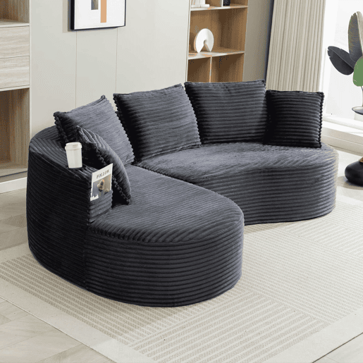 Sofá Curvo de 3 lugares em veludo - Com porta-copos, bolso lateral, almofadas incluídas e espuma de alta densidade para o máximo conforto - Cinza escuro Sofá Curvo de 3 lugares em veludo - Com porta-copos, bolso lateral, almofadas incluídas e espuma de alta densidade para o máximo conforto - Cinza escuro