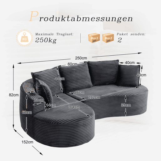 Sofá Curvo de 3 lugares em veludo - Com porta-copos, bolso lateral, almofadas incluídas e espuma de alta densidade para o máximo conforto - Cinza escuro Sofá Curvo de 3 lugares em veludo - Com porta-copos, bolso lateral, almofadas incluídas e espuma de alta densidade para o máximo conforto - Cinza escuro