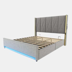 Cama em veludo 180×200 cm - Cabeceira alta, acolchoada e estofada, bolsos laterais, USB e LED, sistema hidráulico, amplo espaço de arrumação debaixo da cama - Cinza escuro