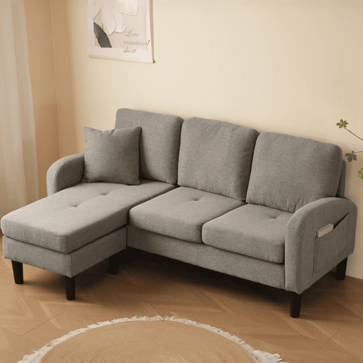 Chaise longue 3 lugares fixa reversível de algodão e linho,cinza escuro