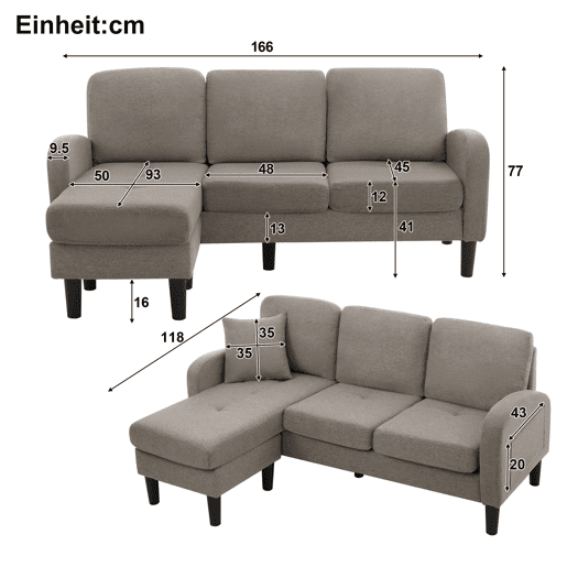 Chaise longue 3 lugares fixa reversível de algodão e linho,cinza escuro