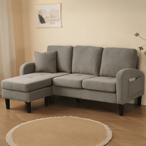 Chaise longue 3 lugares fixa reversível de algodão e linho,cinza escuro