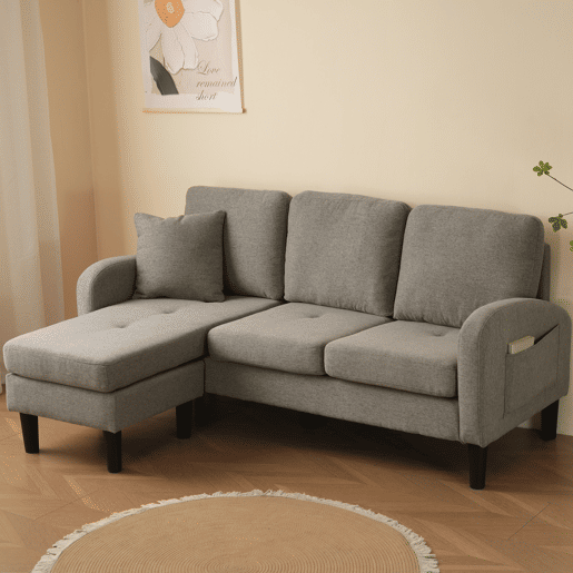 Chaise longue 3 lugares fixa reversível de algodão e linho,cinza escuro