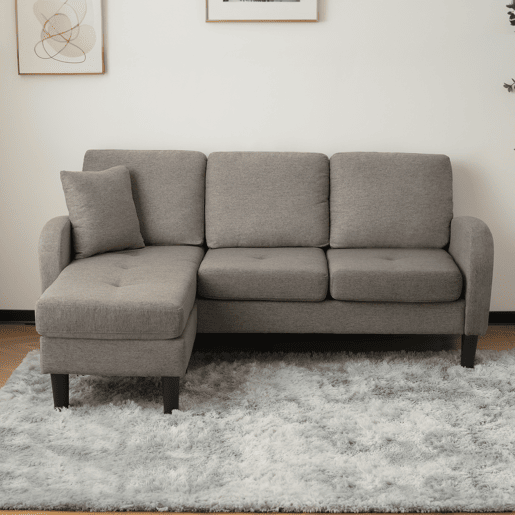 Chaise longue 3 lugares fixa reversível de algodão e linho,cinza escuro