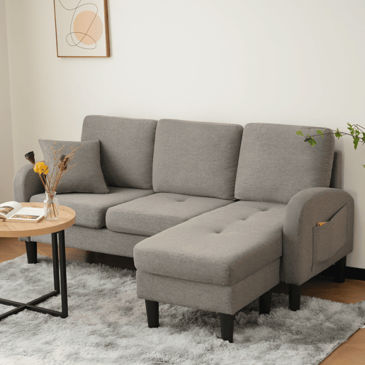 Chaise longue 3 lugares fixa reversível de algodão e linho,cinza escuro