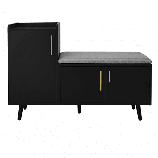 Banco de sapateiro 100 x 34 x 69 cm - moderno, com três portas de arrumação, puxadores metálicos assimétricos e vários níveis de organização - preto Banco de sapateiro 100 x 34 x 69 cm - moderno, com três portas de arrumação, puxadores metálicos assimétricos e vários níveis de organização - preto