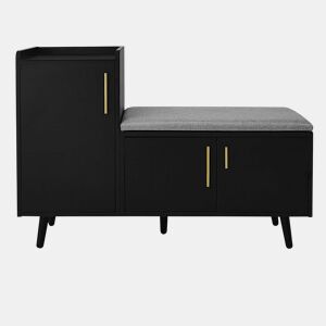 Banco de sapateiro 100 x 34 x 69 cm - moderno, com três portas de arrumação, puxadores metálicos assimétricos e vários níveis de organização - preto
