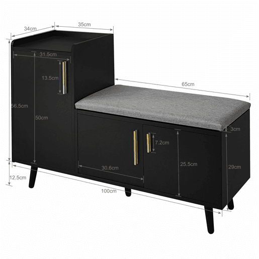 Banco de sapateiro 100 x 34 x 69 cm - moderno, com três portas de arrumação, puxadores metálicos assimétricos e vários níveis de organização - preto Banco de sapateiro 100 x 34 x 69 cm - moderno, com três portas de arrumação, puxadores metálicos assimétricos e vários níveis de organização - preto