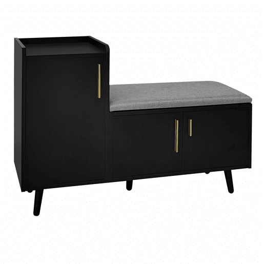 Banco de sapateiro 100 x 34 x 69 cm - moderno, com três portas de arrumação, puxadores metálicos assimétricos e vários níveis de organização - preto Banco de sapateiro 100 x 34 x 69 cm - moderno, com três portas de arrumação, puxadores metálicos assimétricos e vários níveis de organização - preto