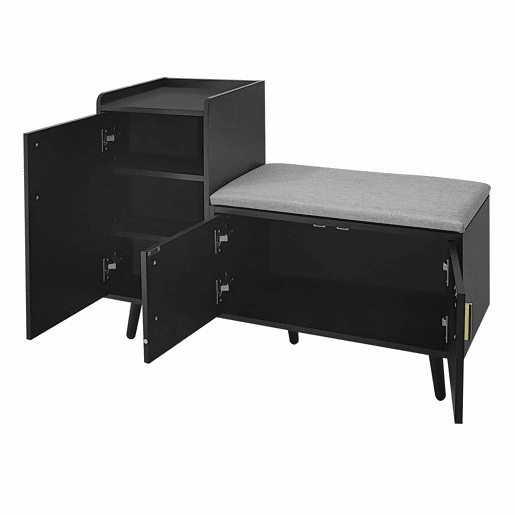 Banco de sapateiro 100 x 34 x 69 cm - moderno, com três portas de arrumação, puxadores metálicos assimétricos e vários níveis de organização - preto Banco de sapateiro 100 x 34 x 69 cm - moderno, com três portas de arrumação, puxadores metálicos assimétricos e vários níveis de organização - preto