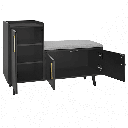 Banco de sapateiro 100 x 34 x 69 cm - moderno, com três portas de arrumação, puxadores metálicos assimétricos e vários níveis de organização - preto Banco de sapateiro 100 x 34 x 69 cm - moderno, com três portas de arrumação, puxadores metálicos assimétricos e vários níveis de organização - preto