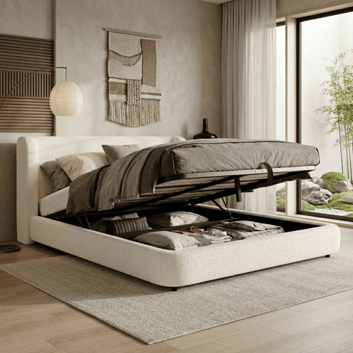 Cama de casal estofada 180x200 - cama hidráulica com base de lâminas, cabeceira acolchoada e amplo espaço de arrumação - bouclé bege Cama de casal estofada 180x200 - cama hidráulica com base de lâminas, cabeceira acolchoada e amplo espaço de arrumação - bouclé bege