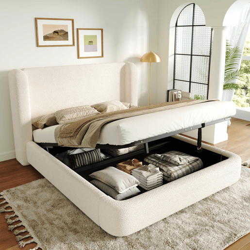 Cama de casal estofada 180x200 - cama hidráulica com base de lâminas, cabeceira acolchoada e amplo espaço de arrumação - bouclé bege Cama de casal estofada 180x200 - cama hidráulica com base de lâminas, cabeceira acolchoada e amplo espaço de arrumação - bouclé bege