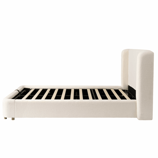 Cama de casal estofada 180x200 - cama hidráulica com base de lâminas, cabeceira acolchoada e amplo espaço de arrumação - bouclé bege Cama de casal estofada 180x200 - cama hidráulica com base de lâminas, cabeceira acolchoada e amplo espaço de arrumação - bouclé bege