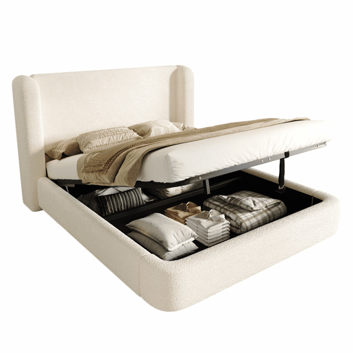 Cama de casal estofada 180x200 - cama hidráulica com base de lâminas, cabeceira acolchoada e amplo espaço de arrumação - bouclé bege Cama de casal estofada 180x200 - cama hidráulica com base de lâminas, cabeceira acolchoada e amplo espaço de arrumação - bouclé bege
