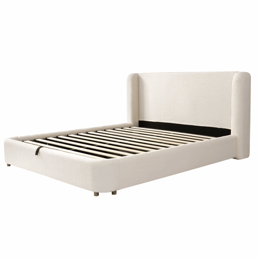 Cama de casal estofada 180x200 - cama hidráulica com base de lâminas, cabeceira acolchoada e amplo espaço de arrumação - bouclé bege Cama de casal estofada 180x200 - cama hidráulica com base de lâminas, cabeceira acolchoada e amplo espaço de arrumação - bouclé bege