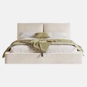 Cama de casal estofada 180x200 cm - baú com abertura hidráulica, com base de ripas e cabeceira acolchoada - bege em veludo