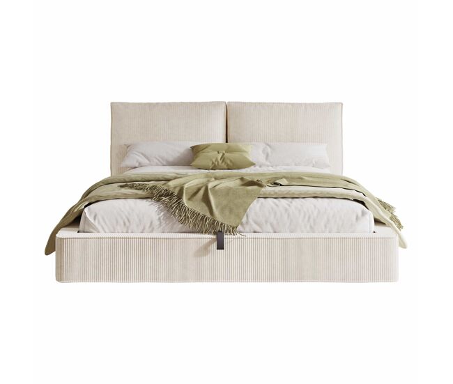 Cama tapizada doble 180x200 cm - canapé abatible hidráulico con somier de láminas y cabecero acolchado - beige de pana