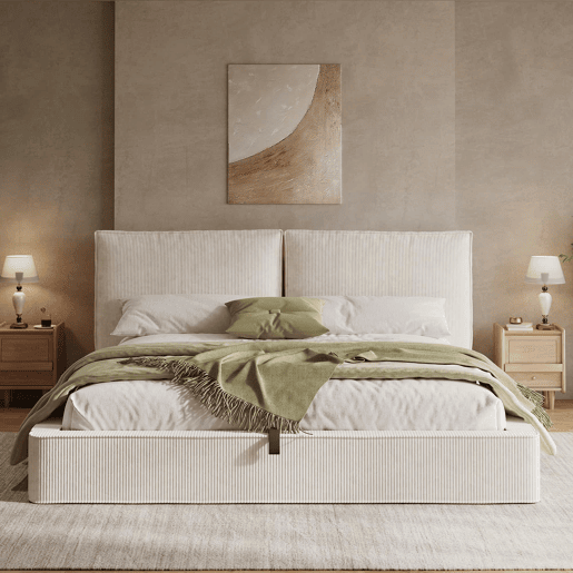 Cama de casal estofada 180x200 cm - baú com abertura hidráulica, com base de ripas e cabeceira acolchoada - bege em veludo