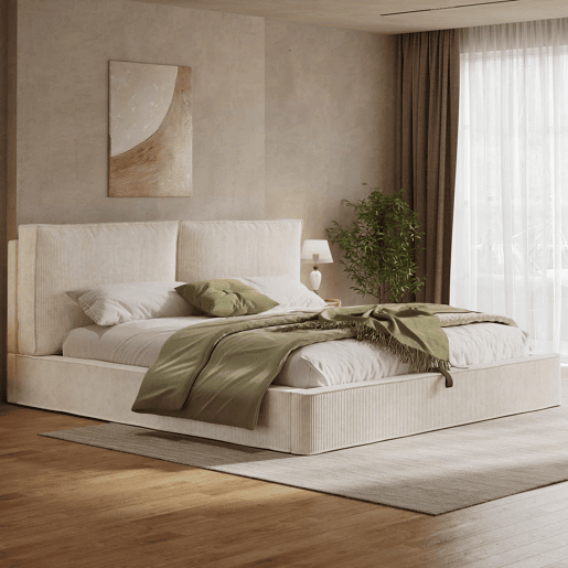 Cama de casal estofada 180x200 cm - baú com abertura hidráulica, com base de ripas e cabeceira acolchoada - bege em veludo