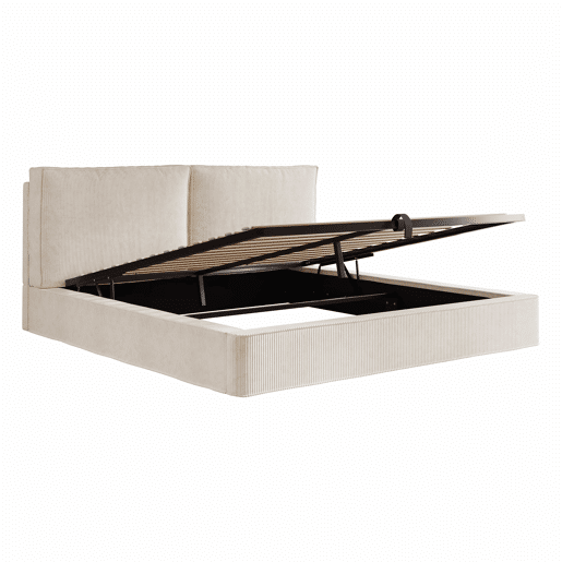 Cama de casal estofada 180x200 cm - baú com abertura hidráulica, com base de ripas e cabeceira acolchoada - bege em veludo